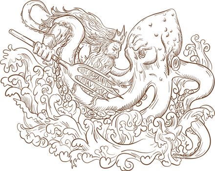 Drawing sketch style illustration of Roman god Neptune or Poseidon, Greek god of the sea, with trident and crown fighting a Kraken, giant octopus on isolated white background.