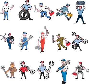 Set or Collection of cartoon character style illustration of mechanic, technician, tireman, auto mechanic or industrial worker in full body on isolated white background.