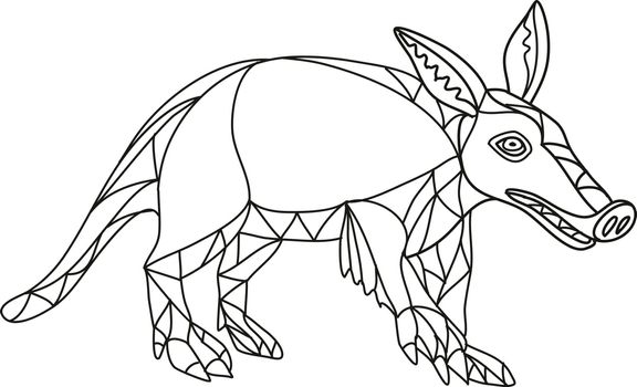 Mono line illustration of an aardvark, a medium-sized, burrowing, nocturnal mammal that is an insectivore with a long pig-like snout done in black and white monoline style.