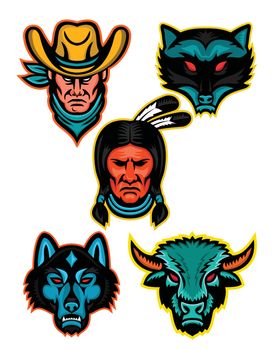 Mascot icon illustration set of popular North American sports or sporting icons like the cowboy or outlaw, raccoon, Native American Indian chief, timber wolf or gray wolf and bison  viewed from  on isolated background in retro style.