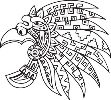Drawing sketch style illustration of an Aztec feathered headdress, a flamboyant and colourful costume piece worn by Aztec nobility, elite and priests viewed from side on isolated white background in black and white.