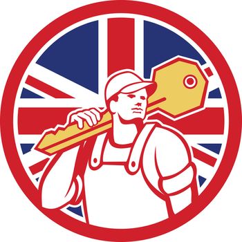 Icon retro style illustration of a British locksmith or key cutter carrying a giant key with United Kingdom UK, Great Britain Union Jack flag set inside circle on isolated background.
