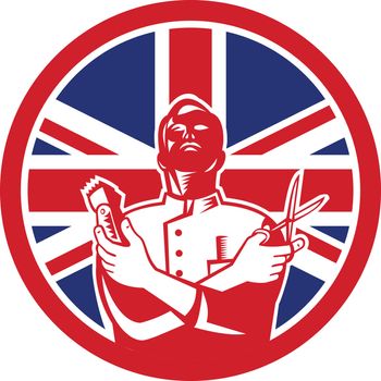 Icon retro style illustration of a British barber with scissors and hair trimmer  with United Kingdom UK, Great Britain Union Jack flag set inside circle on isolated background.