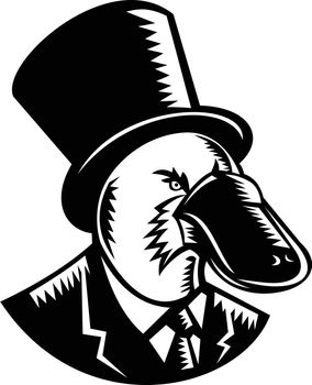 Retro woodcut style illustration of a duck-billed platypus, a semiaquatic egg-laying mammal endemic to eastern Australia, wearing a top hat and business suit on isolated background in black and white.