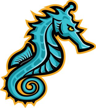 Mascot icon illustration of a seahorse, sea-horse or sea horse, a small marine fish in the genus Hippocampus viewed from side on isolated background in retro style.