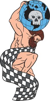 Drawing sketch style illustration of Atlas kneeling on one knee lifting globe with skull on his back draped checkered flag set on isolated white background. 