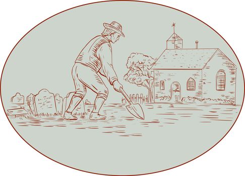 Drawing sketch style illustration of a grave digger in the medieval times holding shovel digging viewed from the side set inside oval shape with church, tombstone and tree in the background. 