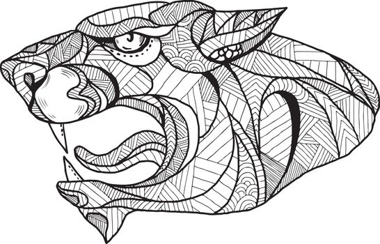 Zentagle inspired and tangled mandala illustration of a head of a black panther viewed from side on isolated backgound.