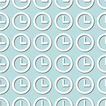 White clock face, dial on pale blue, turquoise background, seamless pattern. Paper cut style with drop shadows and highligts. Vector illustration.