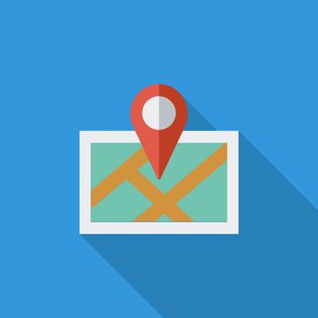 Map with pin icon. Flat vector related icon with long shadow for web and mobile applications. It can be used as - logo, pictogram, icon, infographic element. Vector Illustration.