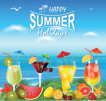 Summer cocktails with pieces of fruit and with beach on background