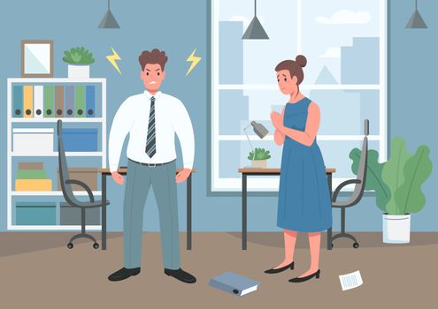 Domestic violence flat color vector illustration. Family argument. Upset woman. Angry man. Aggressive behavior. Frustrated wife and husband 2D cartoon characters with interior on background