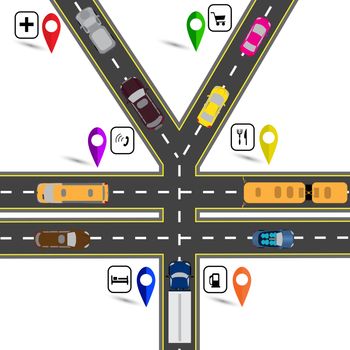 Road junction, a sign resembling the yen, the yuan. Way to the navigator. Humorous image. Vector illustration