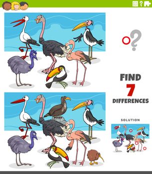 Cartoon Illustration of Finding Differences Between Pictures Educational Game for Kids with Birds Animal Characters