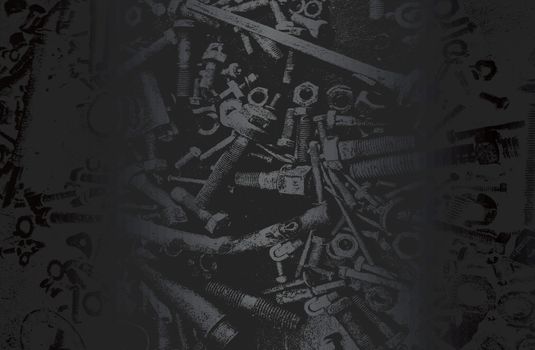 Luxury black metal gradient background with distressed metal plate texture, bolts, pins. Vector illustration