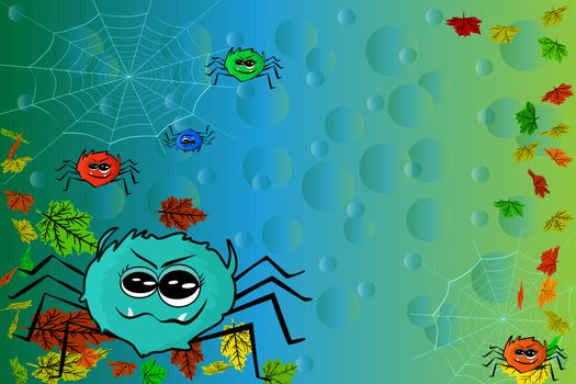 Cute adorable color spiders on web, child halloween style banner,  happy halloween party poster design, greeting card. Sale Banner. Banner for discount in frame of spiders and colorful autumn leaves