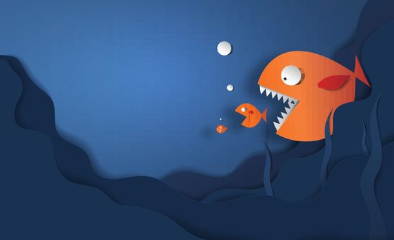 Big fish eat small fish vector paper cut and copy space cute art illustration