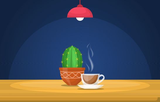 A Cup of Hot Tea on Table Under Light Lamp Illustration