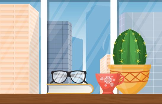 A Cup of Hot Tea on Table with Books City Skyscraper Illustration