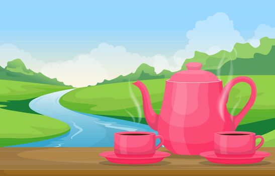 Teapot Cups of Tea on Table Outdoor Nature Landscape River View Illustration