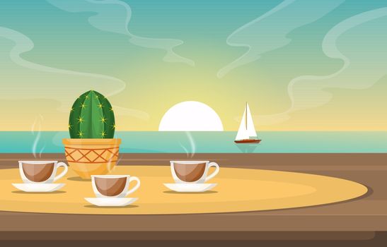 Cups of Tea on Table in Sea View Sunset Sailing Boat Illustration
