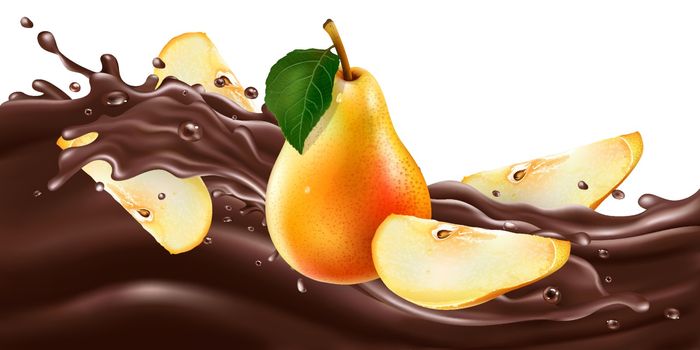 Fresh pears on a wave of liquid chocolate. Realistic vector illustration.