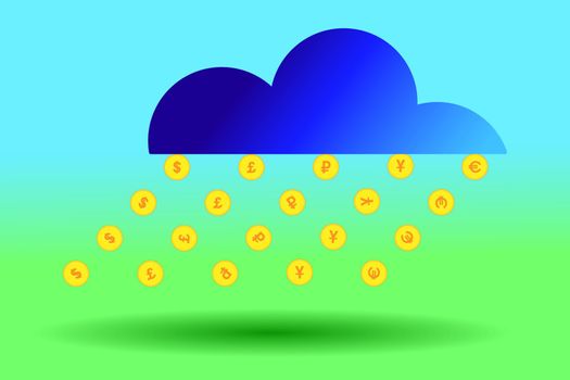 Money rain from blue clouds on green and blue background