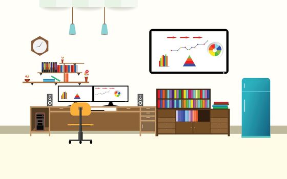 office interior analyze share graph financial business with two compute screen on the table flat design cartoon vector illustration