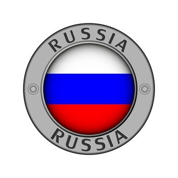 Round metal medallion with the name of the country of Russia and a round flag in the center