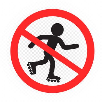 Child roller skating ban sign symbol on white transparent background. No roller skates sticker. Human skate prohibition label template
