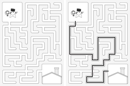 Easy little star chimney sweeper maze for kids with a solution in black and white