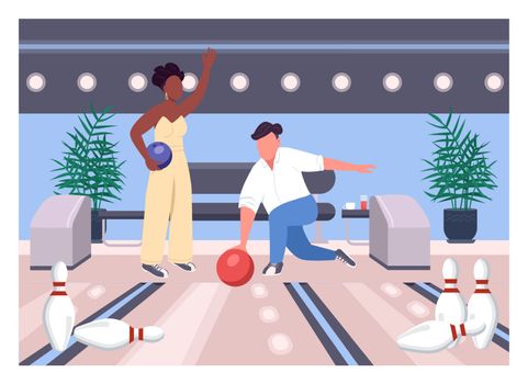 Bowling date flat color vector illustration. Friends play game together. Weekend fun pastime for man and woman. Interracial couple 2D cartoon characters with game center interior on background