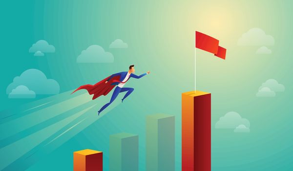 Super businessman in red jump bar chart flying to goal. Business concept