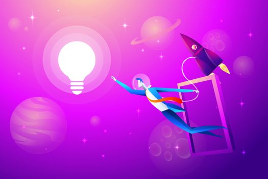 Flying lightbulb and Rocket with businessman try to grab. Business concept.