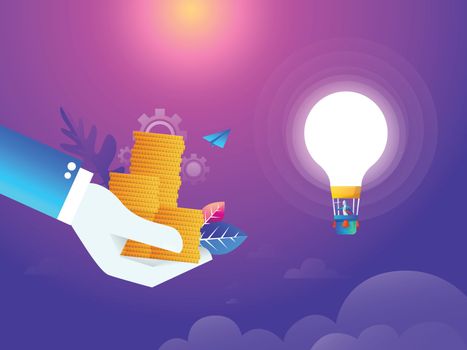 Money attraction for idea flat isometric low poly vector concept. Man is driving an air balloon that looks like lightbulb. Man is looking for catching money