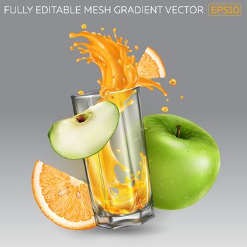 Composition of green apple, orange and a glass with a dynamic splash of fruit juice. Realistic vector illustration.