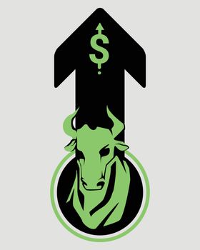 Bullish symbols on stock market vector. Fund, forex or commodity rising price, isolated on gray background. Green bull with up arrow and dallar sign, growing investment trading. Up trend concept