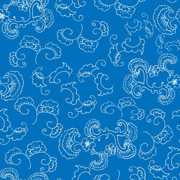 Doodle seamless pattern. Floral ornament. Wallpaper, textile, wrapping paper. Blue background. Hand drawn Vector illustration. 