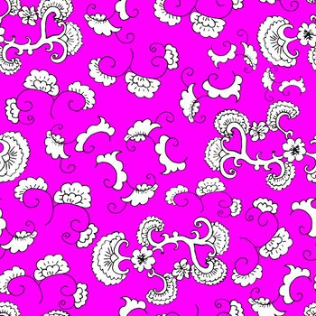 Doodle seamless pattern. Floral ornament. Wallpaper, textile, wrapping paper. Pink background. Hand drawn Vector illustration. 