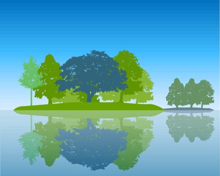 Trees Silhouette with Reflection in Water Flat design Vector Illustration