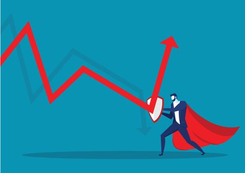 Hero businessman fighting with graph down to grow arrow