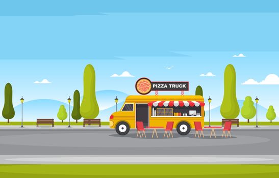 Pizza Fast Food Truck Van Car Vehicle Street Shop Illustration