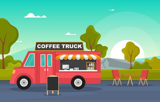 Coffee Cafe Food Truck Van Car Vehicle Street Shop Illustration