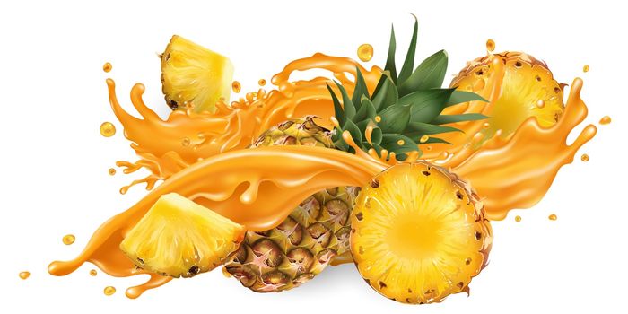 Whole and sliced pineapple and a splash of fruit juice on a white background. Realistic vector illustration.