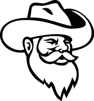 Black and white mascot illustration of head of a miner wearing beard and cowboy hat viewed from side on isolated background done in retro style.