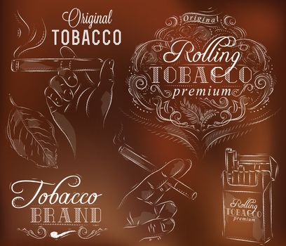 Set collection on tobacco and smoking a pack of cigarettes vintage tobacco leaves hands with a cigarette on a brown background
