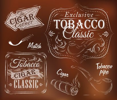 Set collection on tobacco and smoking a pack of cigarettes vintage tobacco cigar, pipe, all smoking on a brown background