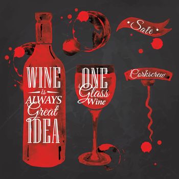 Pointer drawn pour wine with the inscription wine is always good idea with splashes and blots prints bottle, of wine, glass, a corkscrew on the blackboard.