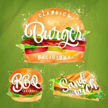 Set of classic burger, bbq burger and sandwich drawing with color paint on green background.