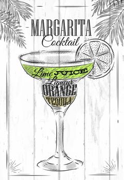 Margarita cocktail in vintage style stylized painted on wooden boards